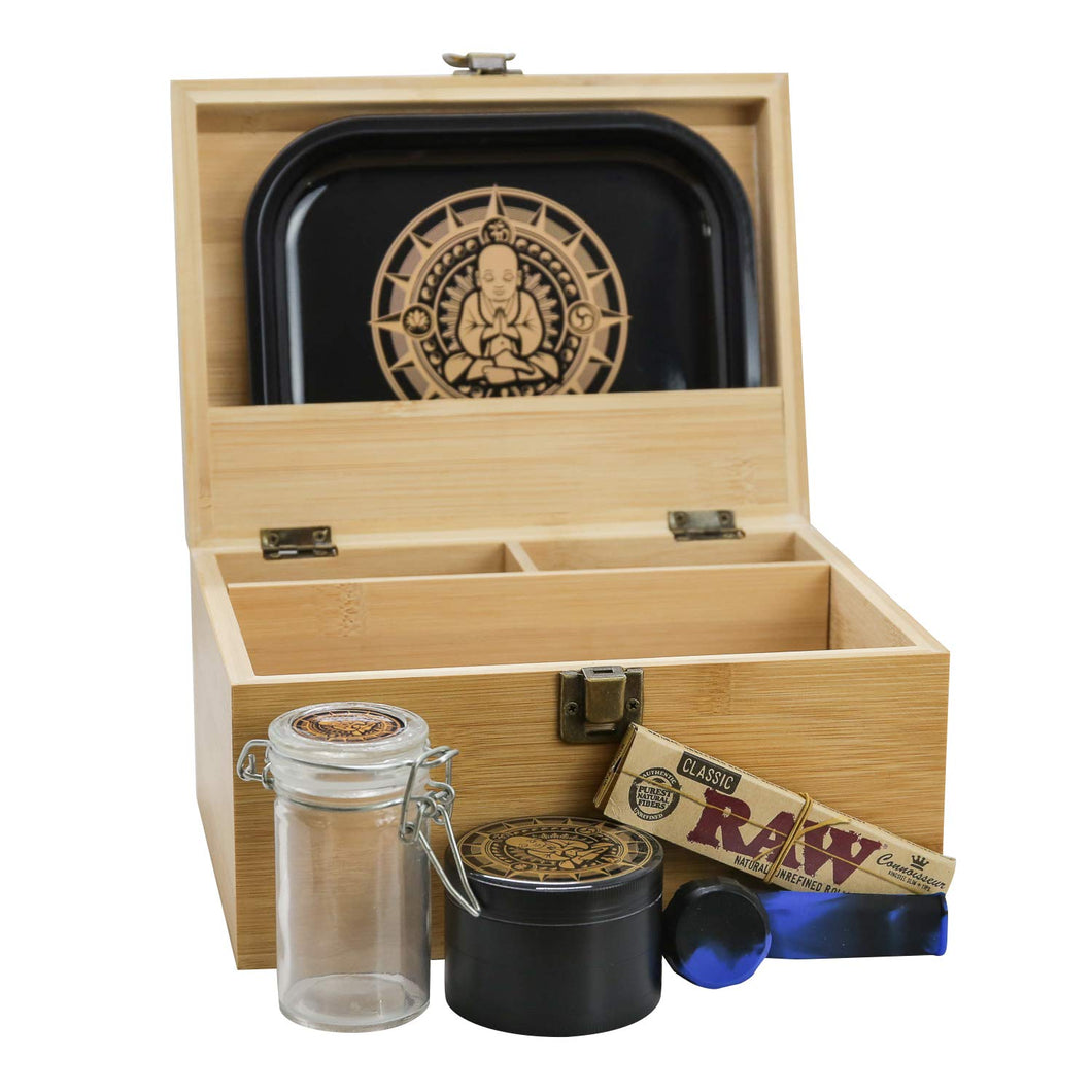 Infinite Depths - Inhale/exhale Stash Box Combo | Premium - 4 3/8” Full Size Titanium 4 Part Herb Grinder - Glass stash jar | Gift Set