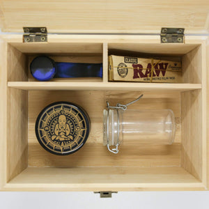 Infinite Depths - Inhale/exhale Stash Box Combo | Premium - 4 3/8” Full Size Titanium 4 Part Herb Grinder - Glass stash jar | Gift Set