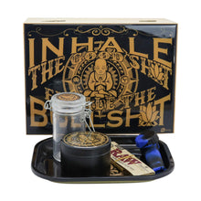Infinite Depths - Inhale/exhale Stash Box Combo | Premium - 4 3/8” Full Size Titanium 4 Part Herb Grinder - Glass stash jar | Gift Set